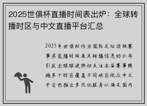 2025世俱杯直播时间表出炉：全球转播时区与中文直播平台汇总