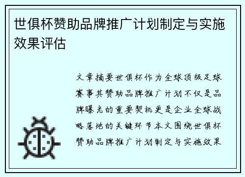 世俱杯赞助品牌推广计划制定与实施效果评估