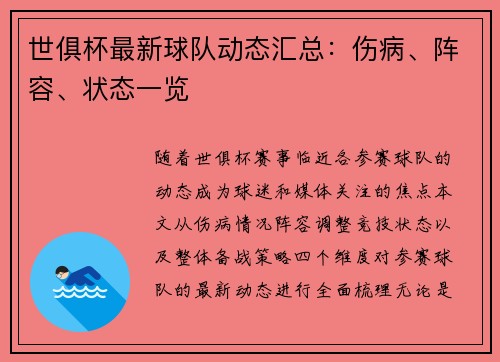 世俱杯最新球队动态汇总：伤病、阵容、状态一览