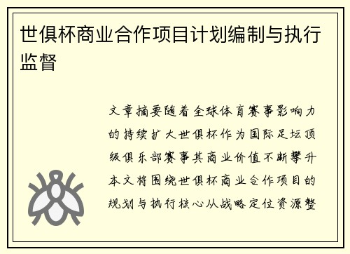 世俱杯商业合作项目计划编制与执行监督